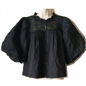 NWT Maeve Anthropologie Lace Puff Sleeve Cotton Blouse S Black